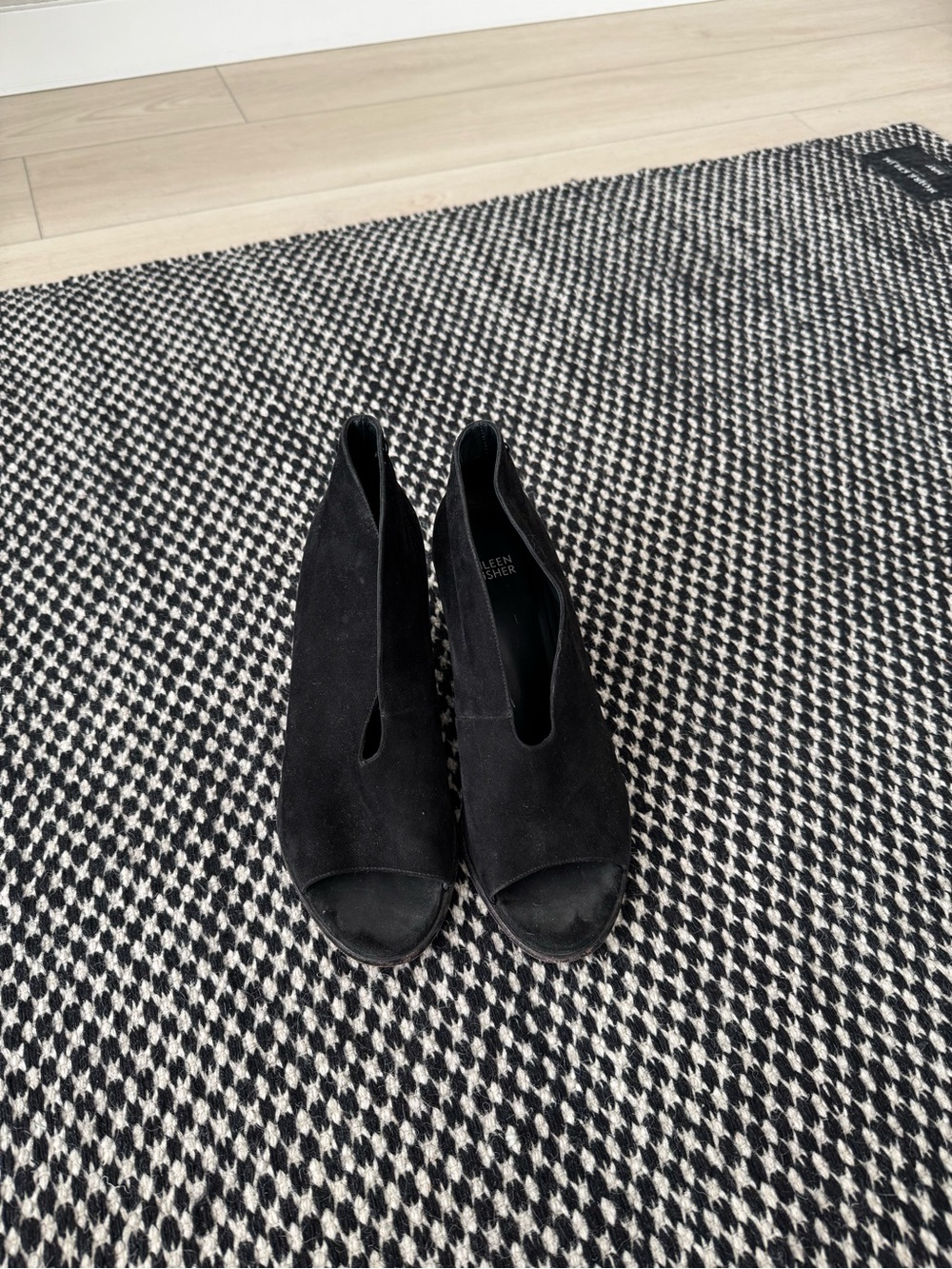Eileen Fisher Black Suede Peep-Toe booties, 9.5